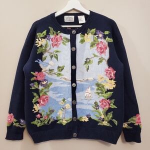 Vintage Northern Reflections - Intarsia Cotton Knit Cardigan Sailboat Scene - L